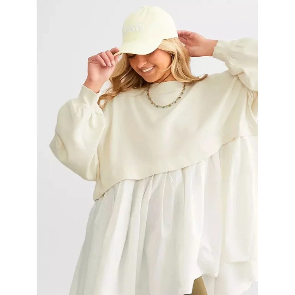 Free People Eleanor Sweatshirt dress Cream pleated skirt heart embroidery NWOT